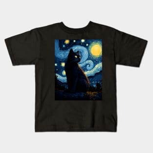 Starry Night Black Cat Kids T-Shirt